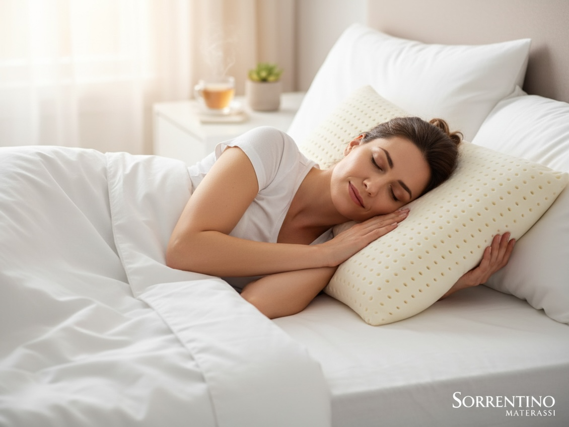 Donna che dorme serena sul guanciale Horus in lattice Talalay